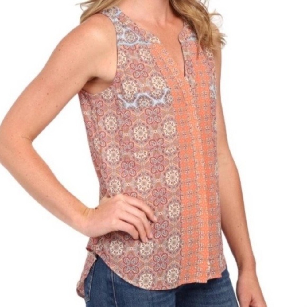 (CL) Sanctuary Womens S Orange Blue Medallion Sleeveless High Low Blouse Top